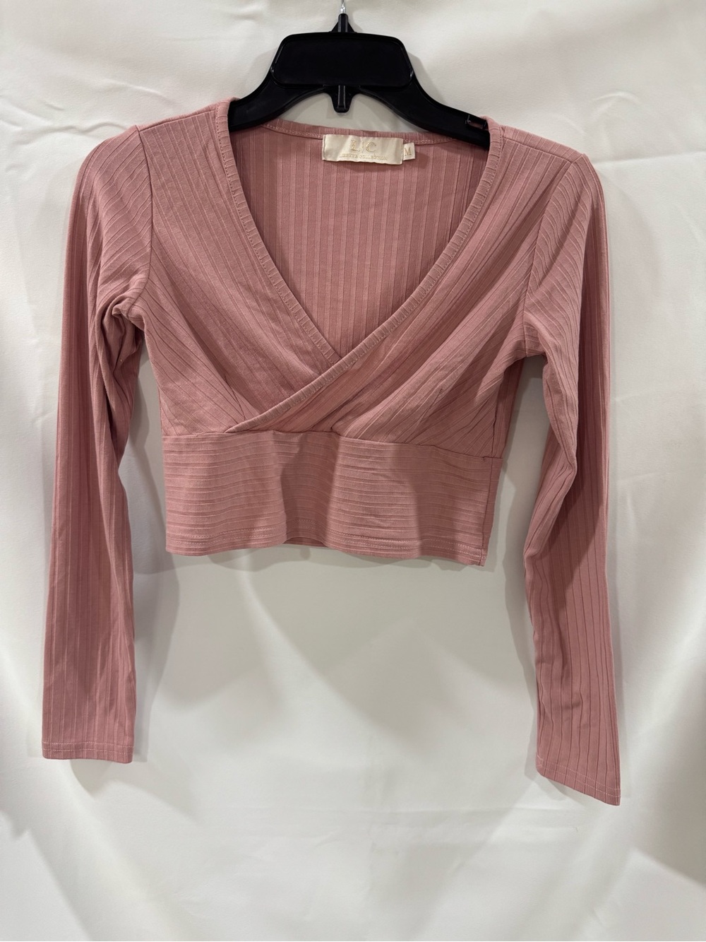 Ribbed Wrap-Front Long Sleeve Crop Top - Dusty Pink